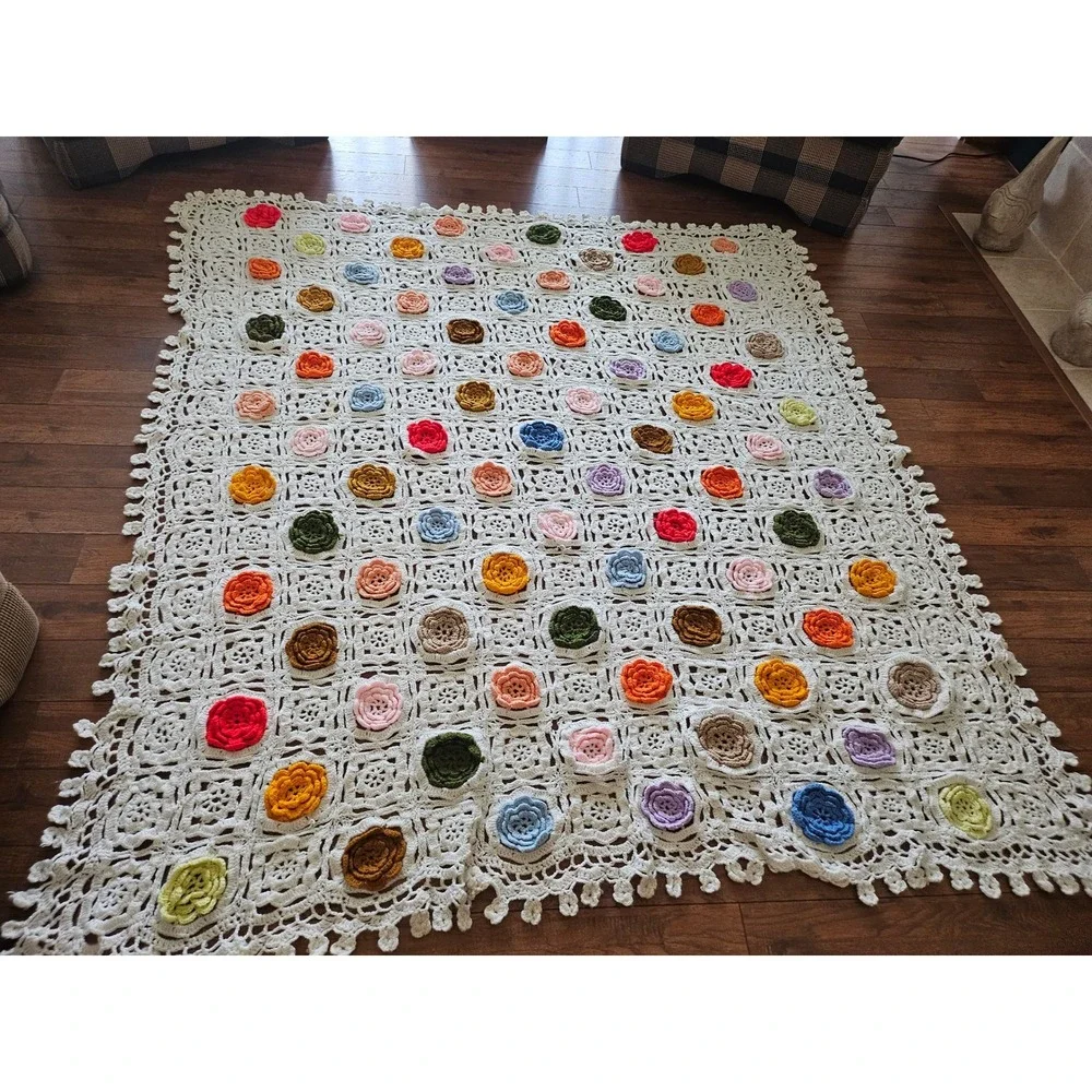 Vintage Handmade Crochet 3D Rose Flower Blanket White Multi Cottagecore 82x64 - Picture 2 of 9